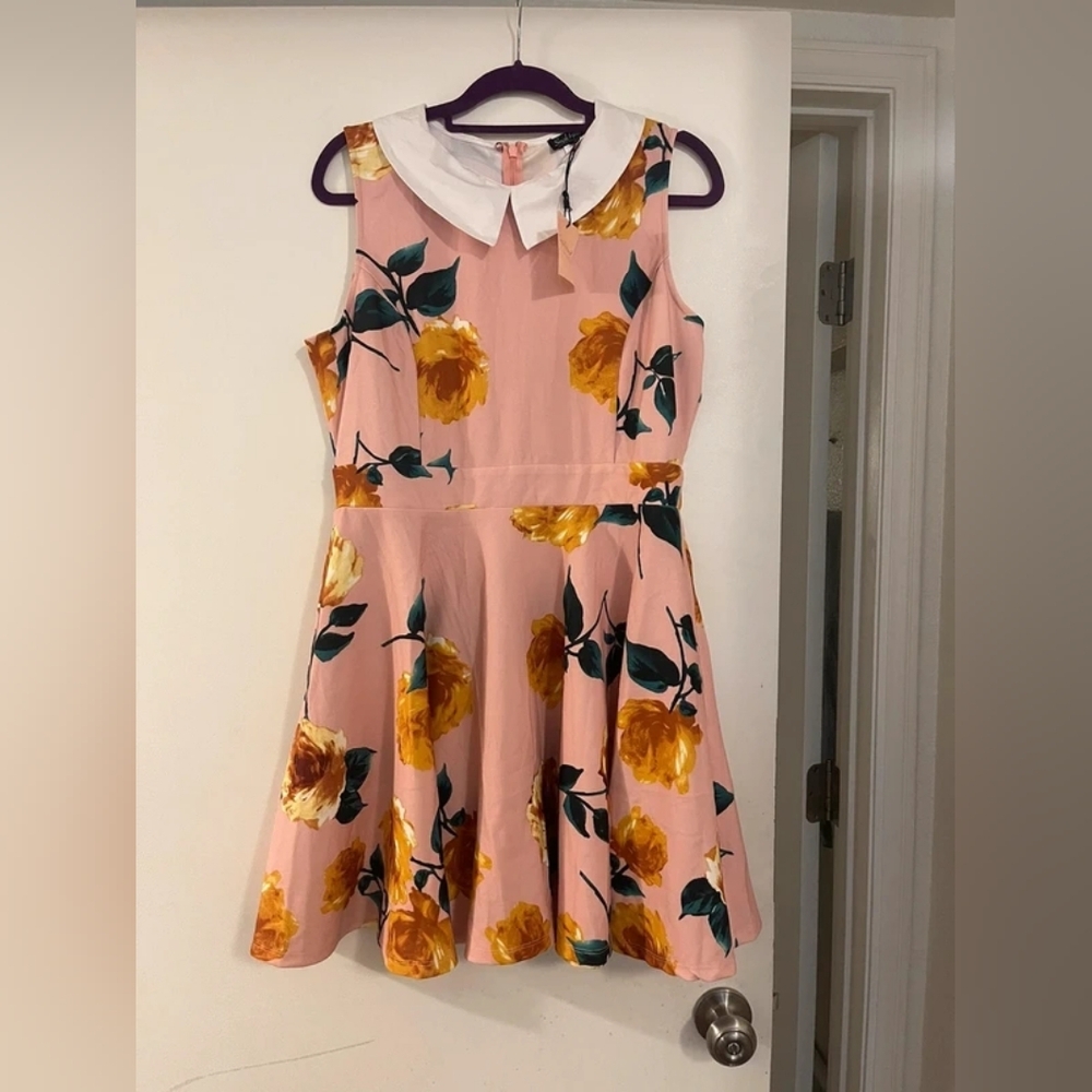 Pink Floral Fit-and-Flare Dress with White Peter Pan Collar